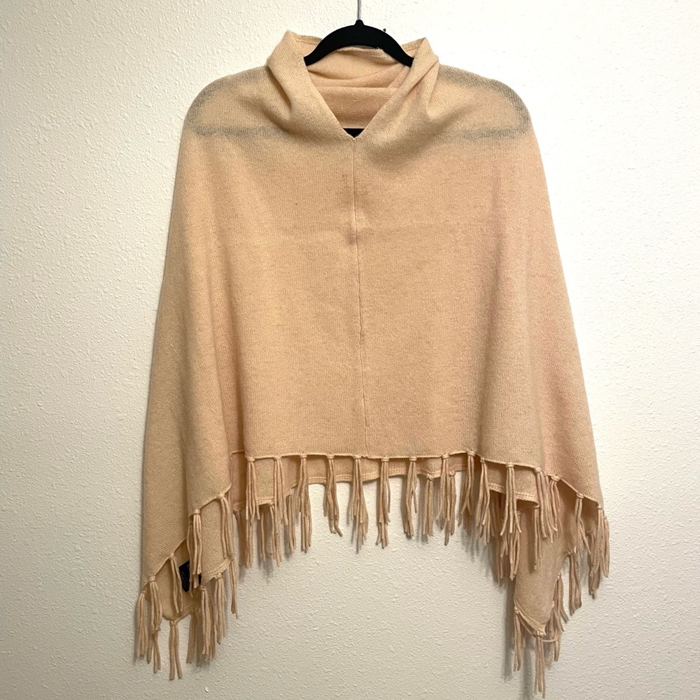SAACHI 100% Wool Cowl Neck Fringe Poncho Shawl Winter Peach Cream Scandigirl